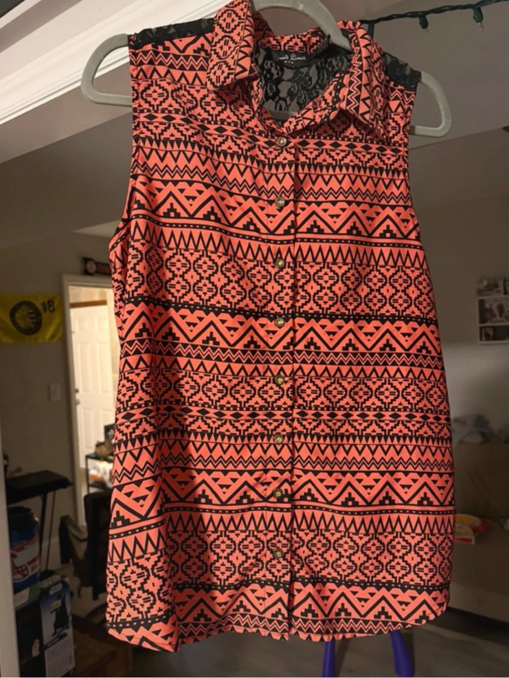 Lace-Back Coral Aztec Print Button-Up Tank Top